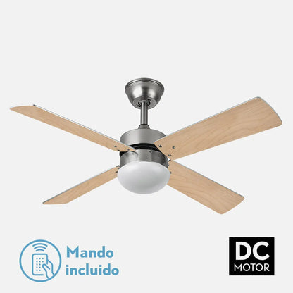 Ventilador de techo DC Sofia 2 bombillas E27 Níquel 4 Aspas Reversibles Haya/plata 40x107 de diámetro Control Remoto Temporizador