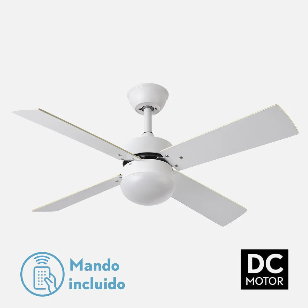 Ventilador de techo DC Sofia 2xe27 Blanco 4 Aspas Reversibles Blanca/haya 40x107 de diámetro, Control remoto Temporizador