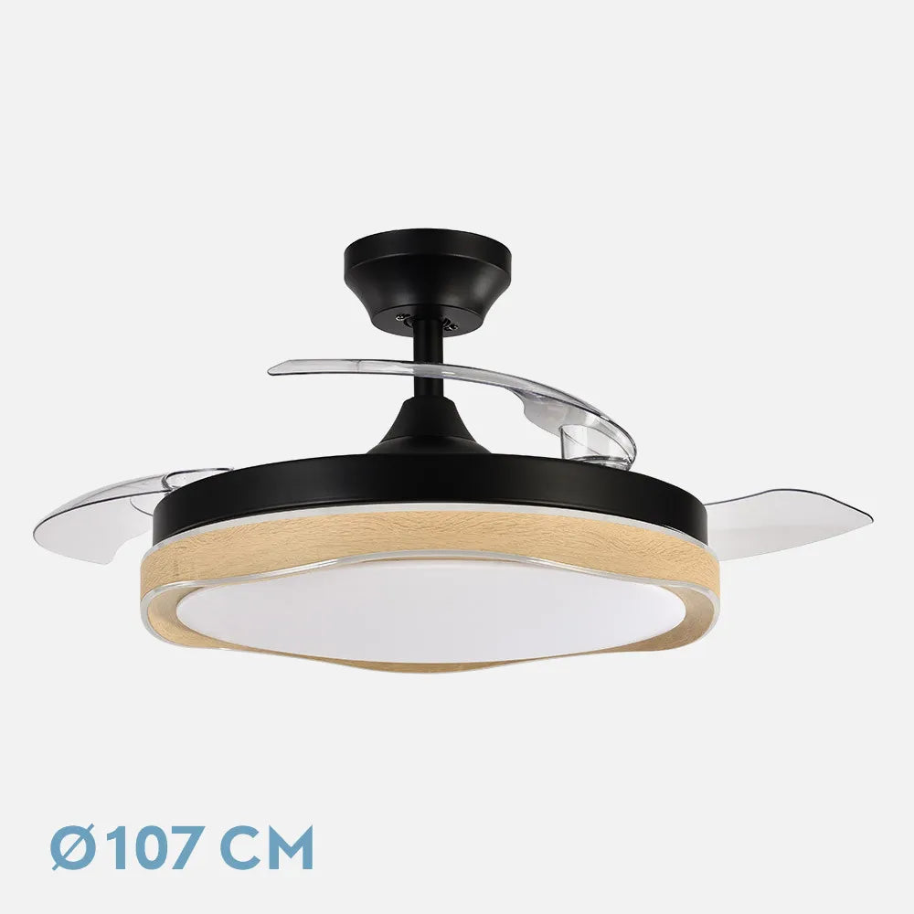 Ventilador de techo retráctil DC Blondi Negro/madera 72w 3 aspas 107d 7200lm 6 velocidades 3000k,4500k,6000k Remoto + temporizador + memoria
