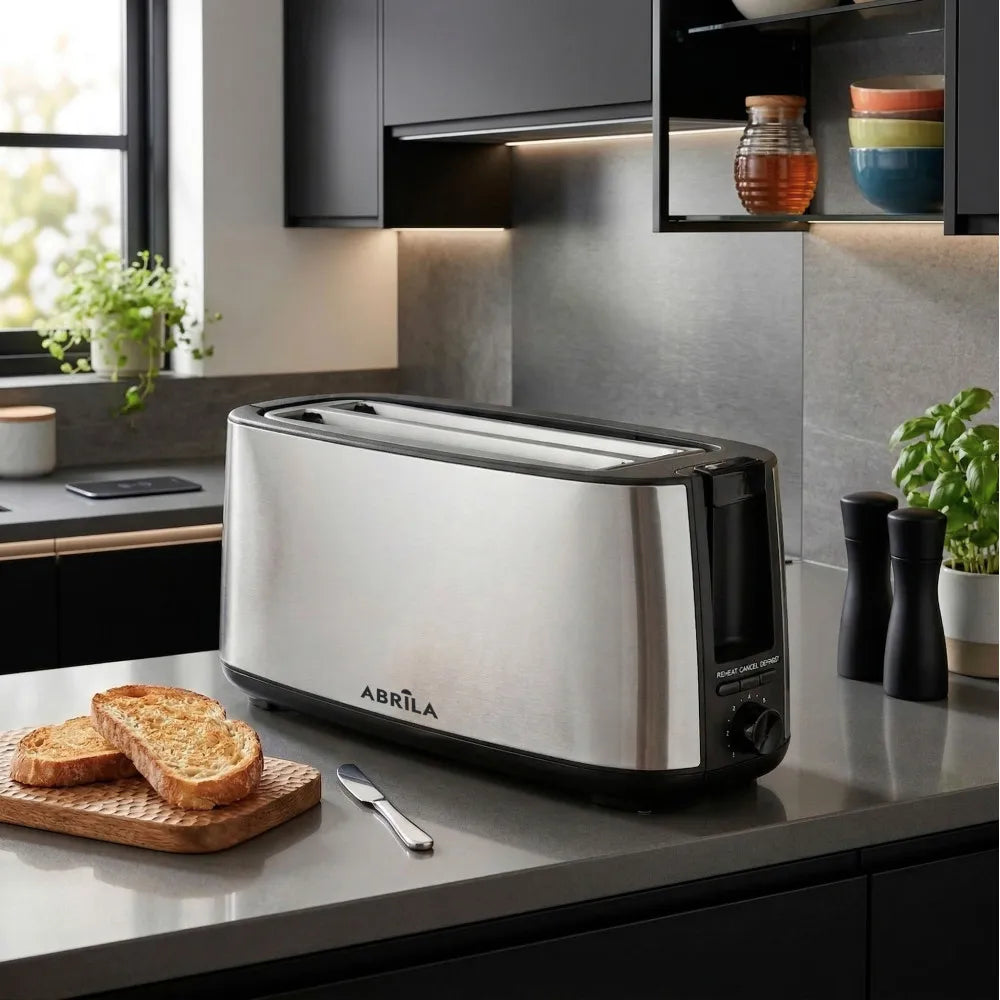 Abrila Tostador Pan Muga 1400w Negro/plata con 7 niveles de tostado. descongelación, Apagado automático, 2 ranuras, recogemigas 17x38x14,5cm