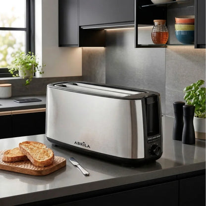 Abrila Tostador Pan Muga 1400w Negro/plata con 7 niveles de tostado. descongelación, Apagado automático, 2 ranuras, recogemigas 17x38x14,5cm