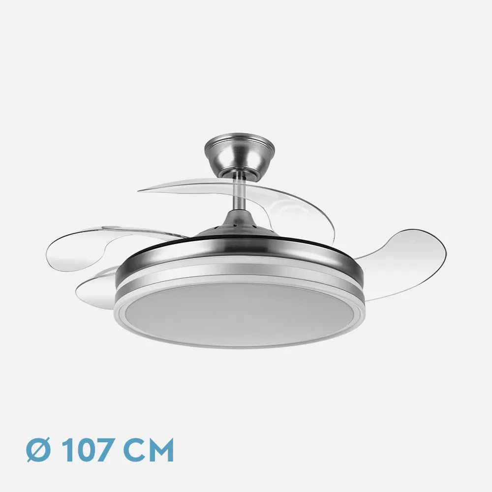 Ventilador de techo retráctil Bayomo 59w 6980lm Níquel 4 Aspas Desplegables 34,5/42x50/107 D. 3 Colores DC. remoto+Regulación de Intensidad