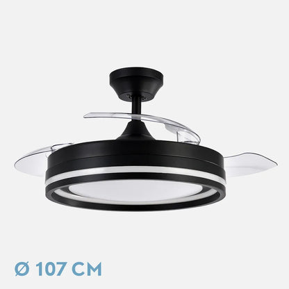 Ventilador de techo retráctil DC Cerrato Negro 72w 3 aspas Desplegables 107d 7200lm 6 velocidades 3000k,4000k,6000k, Control Remoto + temporizador + memoria