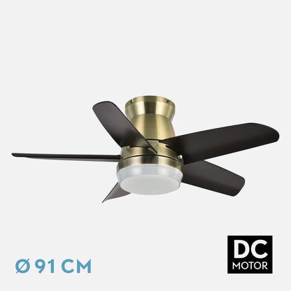 Ventilador de techo DC Neutron 24w 2400lm Cuero/negro 5 aspas 91 de diámetro 3000k,4500k,6000k, Remoto + temporizador + memoria