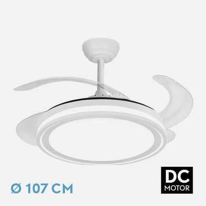 Ventilador retráctil DC Bandido 59w Blanco 4 aspas 107d 5900lm 3500-4000-6500k Remoto+Regulación de intensidad+memoria+temporizador