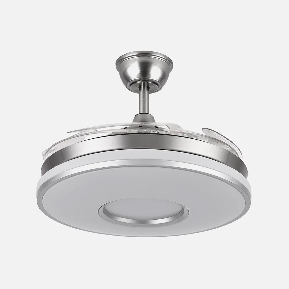 Ventilador de techo retráctil Dani 59w 6980lm Níquel 4 Aspas Desplegables 6 Velocidades 106d 3000-4200-6500k Remoto, Regulación de Intensidad, Memoria Y Temporizador