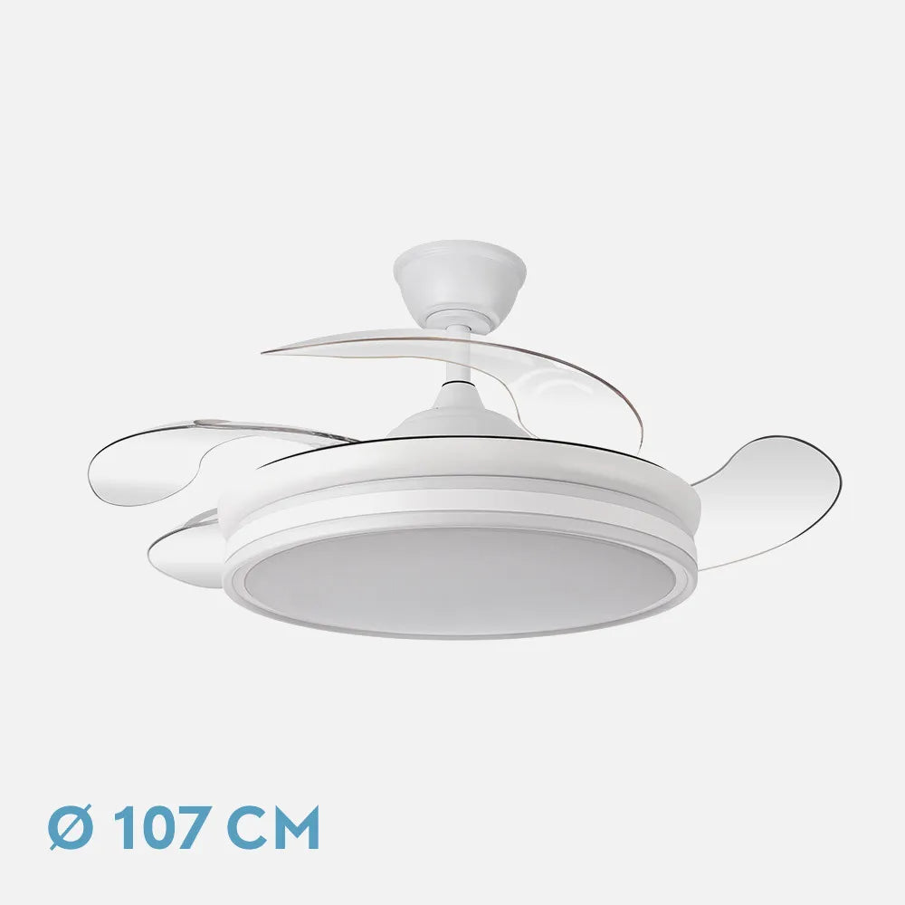 Ventilador de techo retráctil Bayomo 59w 6980lm Blanco 4 Aspas Desplegables 34,5/42x50/107 D.3 Colores DC remoto+Regulación de Intensidad