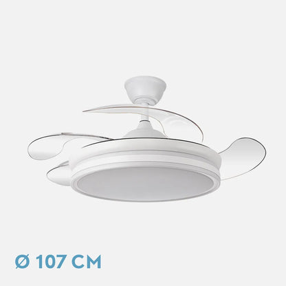 Ventilador de techo retráctil Bayomo 59w 6980lm Blanco 4 Aspas Desplegables 34,5/42x50/107 D.3 Colores DC remoto+Regulación de Intensidad