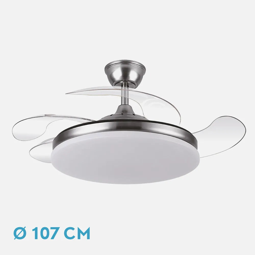 Ventilador retráctil DC Tridente 59w Níquel 4 aspas 107d 6980lm Regulación de intensidad Remoto+temporizador+memoria 3000-4000-6000k