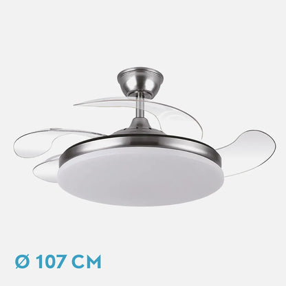 Ventilador retráctil DC Tridente 59w Níquel 4 aspas 107d 6980lm Regulación de intensidad Remoto+temporizador+memoria 3000-4000-6000k