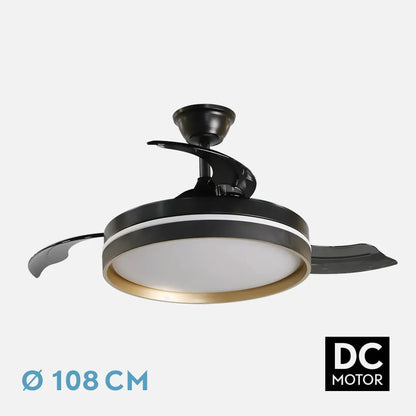 Ventilador de techo retráctil DC Mandarín Negro/oro 72w 3 aspas 108d Regulación de intensidad 7200lm 3000-4000-6500k Control Remoto + memoria + temporizador