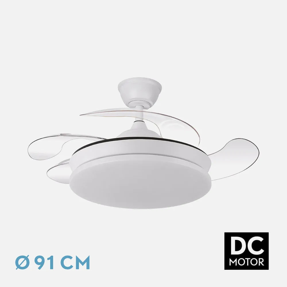 Ventilador retráctil DC Tridente Mini 59w Blanco 4 aspas 91d 6980lm Regulación de intensidad Remoto+temporizador+memoria 3000-4000-6000k