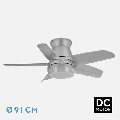 Ventilador de techo DC Neutron 24w 2400lm Plata 5 Aspas 91 de diámetro 3000k,4500k,6000k, Remoto + temporizador + memoria
