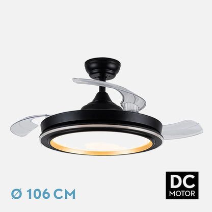 Ventilador de techo retráctil DC Picolo 72w 6226lm Negro/oro 3 Aspas 106d 3000-4000-6500k Remoto, Memoria