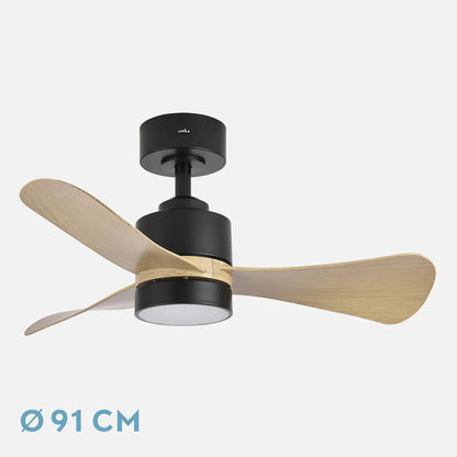 Ventilador de techo DC Zepelin 18w 1900lm Negro/madera Clara 3 aspas 91 de diámetro 3000-4000-6500K Control Remoto, memoria Y Temporizador