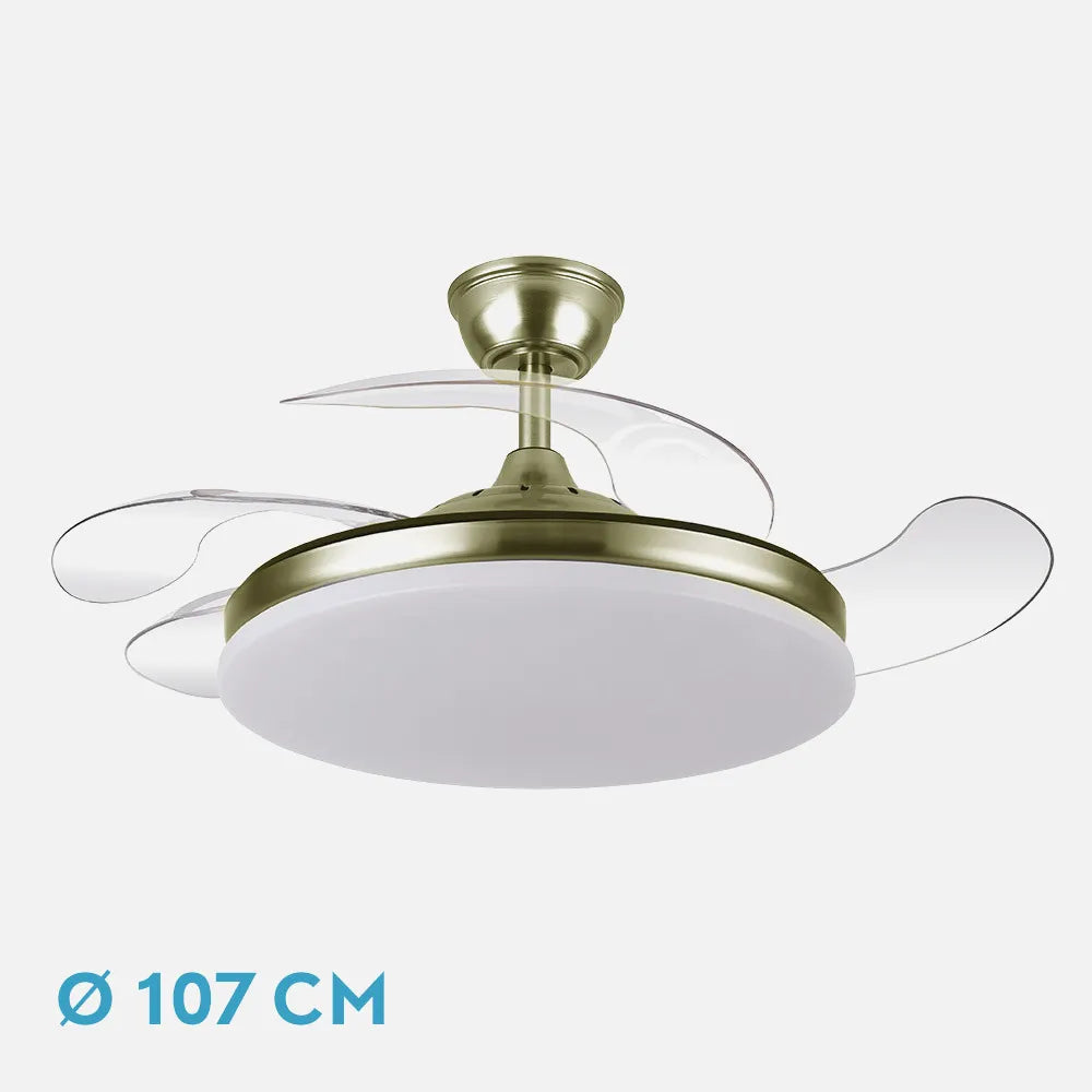 Ventilador retráctil DC Tridente 59w Cuero 4 aspas 107d 6980lm Regulación de intensidad Remoto+temporizador+memoria 3000-4000-6000k