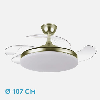 Ventilador retráctil DC Tridente 59w Cuero 4 aspas 107d 6980lm Regulación de intensidad Remoto+temporizador+memoria 3000-4000-6000k