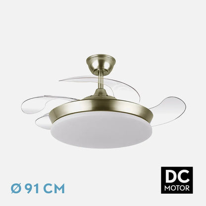 Ventilador retráctil DC Tridente Mini 59w Cuero 4 aspas 91d 6980lm Regulación de intensidad Remoto+temporizador+memoria 3000-4000-6000k