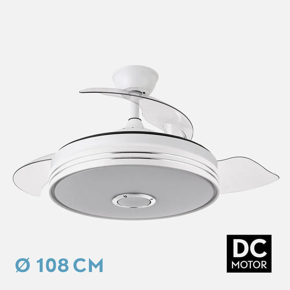 Ventilador de techo retráctil DC Matanuska 72w 6120lm Blanco, música Bluethooth 108 diámetro 3 Aspas Desplegables 6 Velocidades y 3 Colores