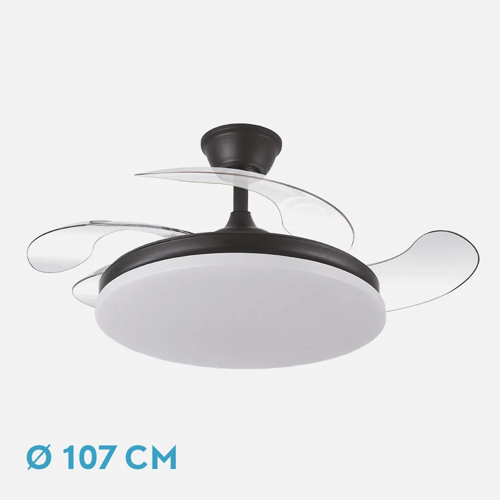 Ventilador retráctil DC Tridente 59w Negro 4aspas 107d 6980lm Regulación deintensidad Remoto+temporizador+memoria 3000-4000-6000k