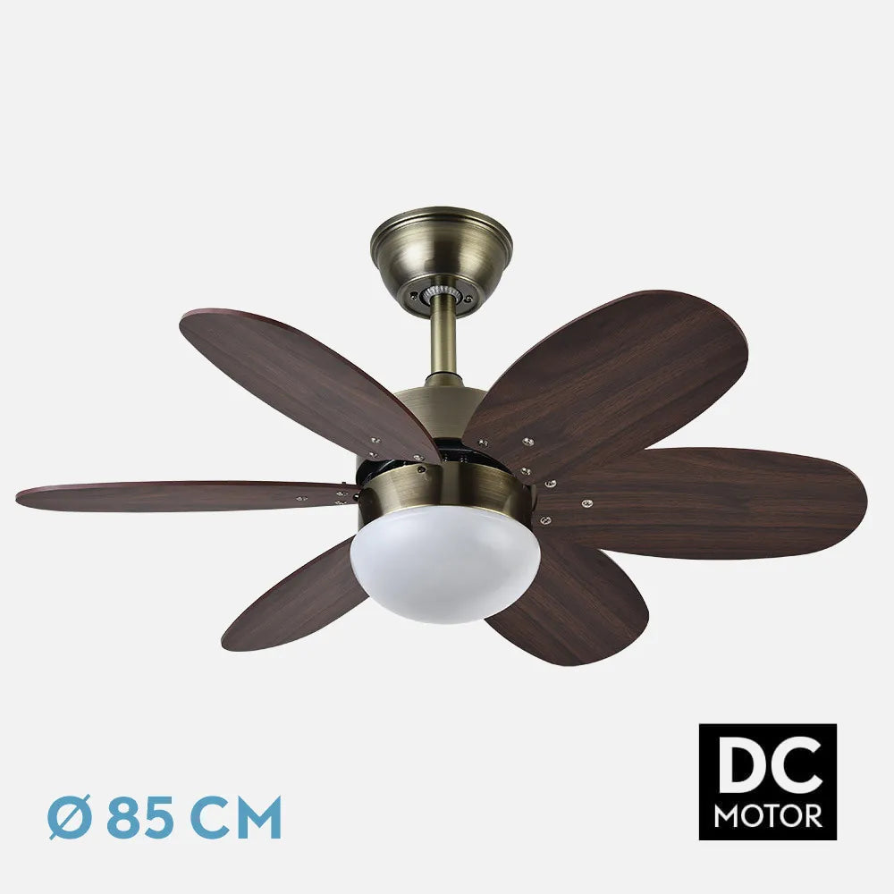 Ventilador de techo Dc Alves 2xe27 Cuero 6 Aspas Reversibles Cerezo/nogal 41x85 diámetro Control Remoto Y Temporizador