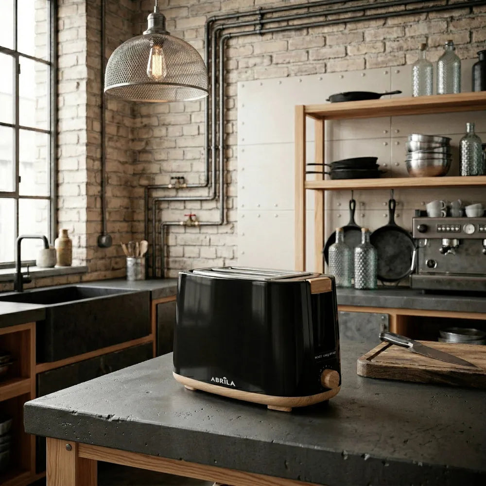 Abrila Tostador Pan Ulla 750w Negro/haya con 7 niveles de tostado, descongelación, Apagado Automático, 2ranuras, recogemigas, 17x26,5x15cm