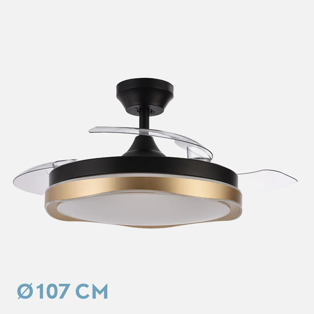 Ventilador de techo retráctil DC Blondi Negro/oro 72w 3 aspas 107d 7200lm 6 velocidades 3000k,4500k,6000k, Control Remoto + temporizador + memoria