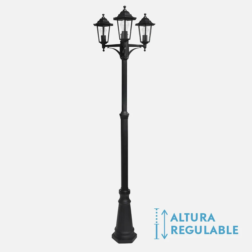 Farola Exterior Aluminio Auriga 3xe27 Negro Ip44 220x62x62 Cm Regulable En Altura