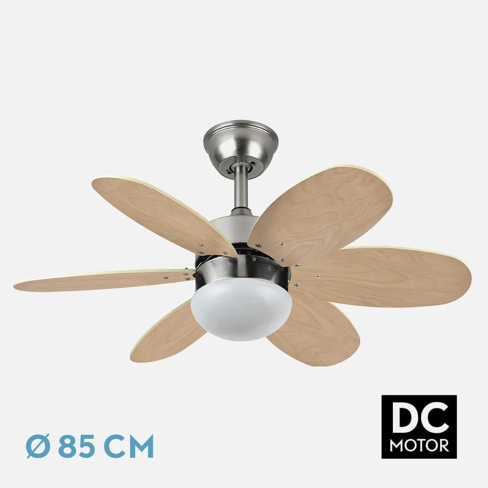 Ventilador Dc Alves 2 bombillas E27 Níquel 6 Aspas Reversibles Haya/plata 41x85 diámetro Control Remoto Y Temporizador