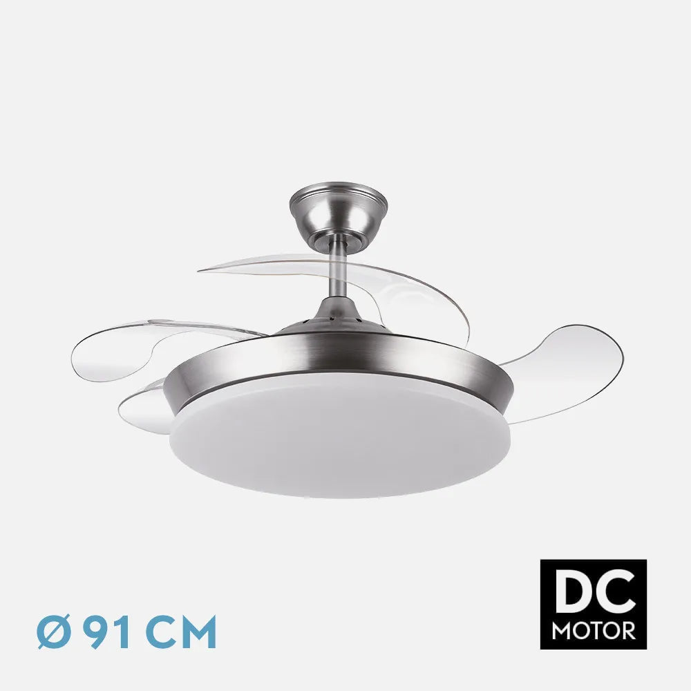 Ventilador retráctil DC Tridente Mini 59w Níquel 4aspas 91d 6980lm Regulación de intensidad Remoto+temporizador+memoria 3000-4000-6000k