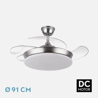 Ventilador retráctil DC Tridente Mini 59w Níquel 4aspas 91d 6980lm Regulación de intensidad Remoto+temporizador+memoria 3000-4000-6000k