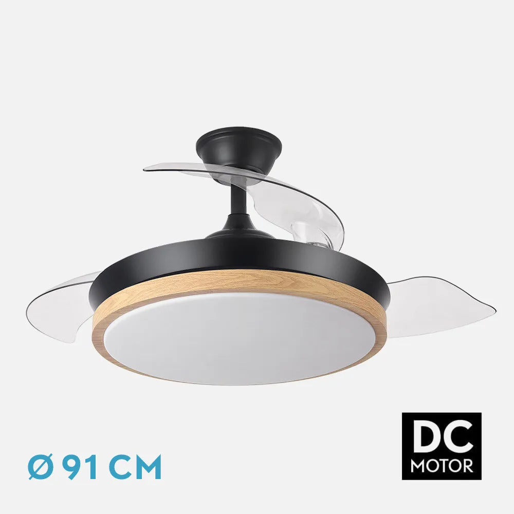 Ventilador de techo retráctil DC Evros Negro/hay 59w 6980lm 91d 3aspas 3000-4000-6000k Remoto, Regulable Intensidad, Temporizador, Memoria
