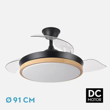 Ventilador de techo retráctil DC Evros Negro/hay 59w 6980lm 91d 3aspas 3000-4000-6000k Remoto, Regulable Intensidad, Temporizador, Memoria