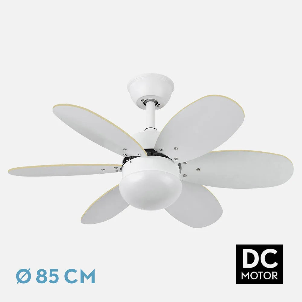 Ventilador de techo Dc Alves 2 bombillas E27 Blanco Con 6 Aspas Reversibles Blanco/haya 41x85 diámetro Control Remoto Y Temporizador