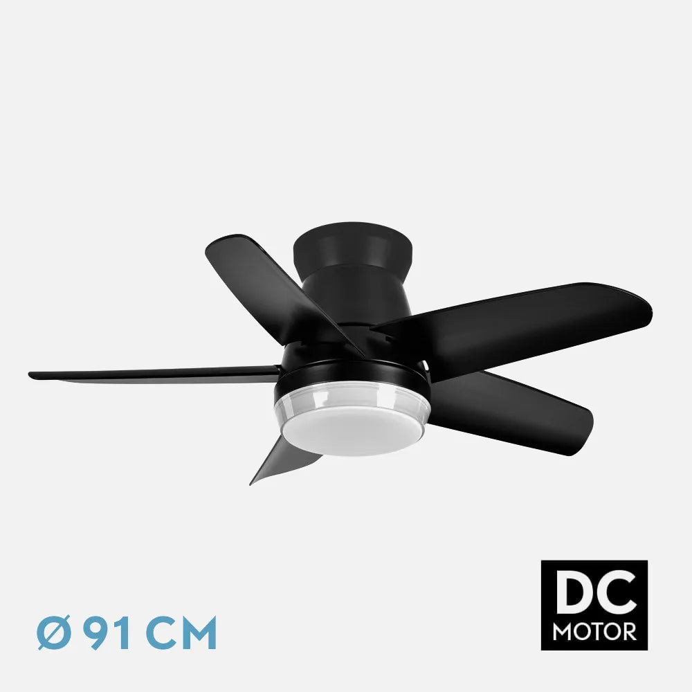 Ventilador de techo DC Neutron 24w 2400lm Negro 5 Aspas 91 de diámetro 3000k,4500k,6000k, Remoto + temporizador + memoria