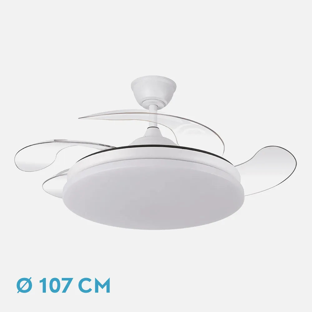 Ventilador retráctil DC Tridente 59w Blanco 4 aspas 107d 6980lm Regulación de intensidad Remoto+temporizador+memoria 3000-4000-6000k