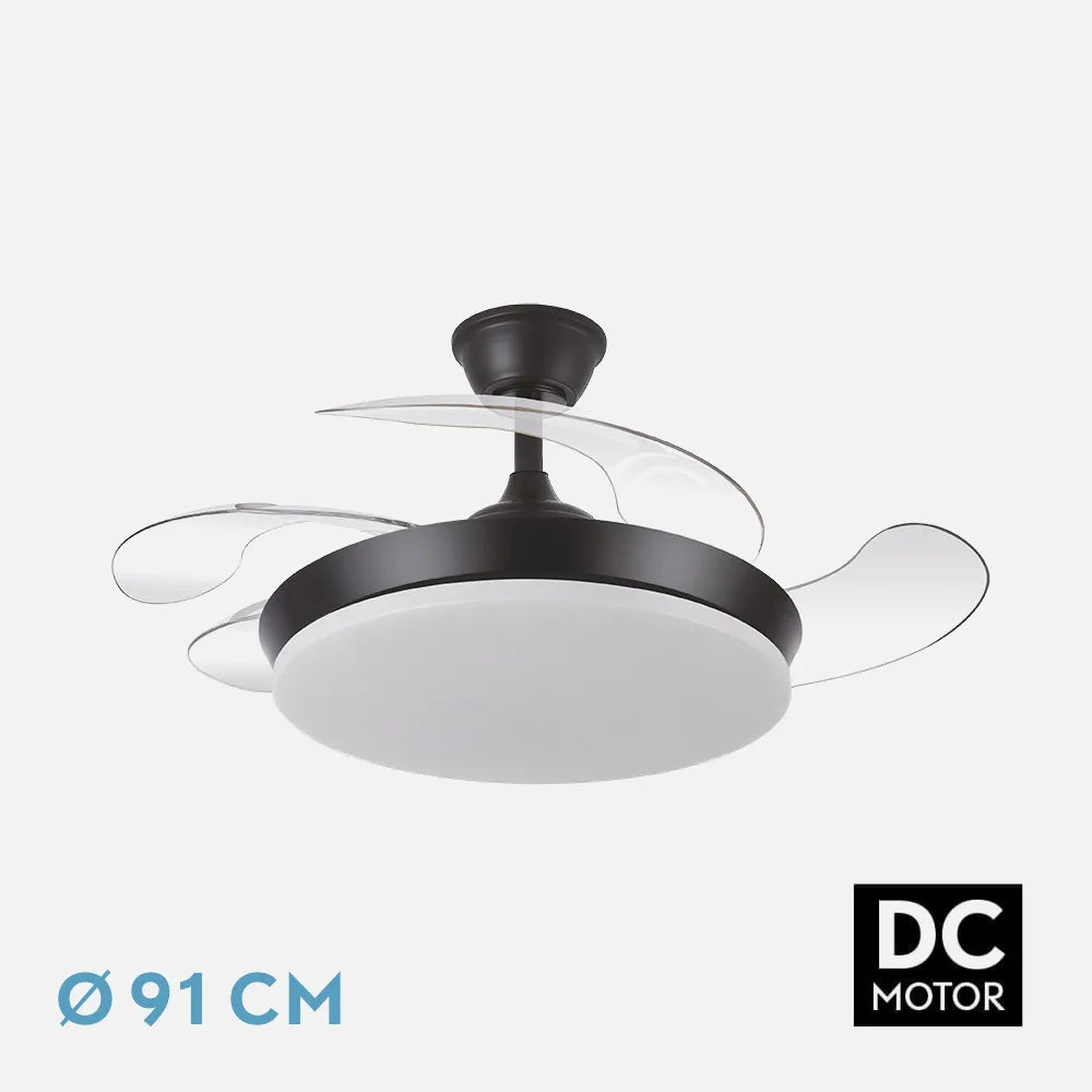 Ventilador retráctil DC Tridente Mini 59w Negro 4 aspas 91d 6980lm Regulación de intensidad Remoto+temporizador+memoria 3000-4000-6000k