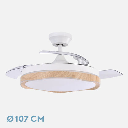 Ventilador de techo retráctil DC Blondi Blanco/haya 72w 3 aspas 107d 7200lm 6 velocidades 3000k,4500k,6000k, Control Remoto + temporizador + memoria
