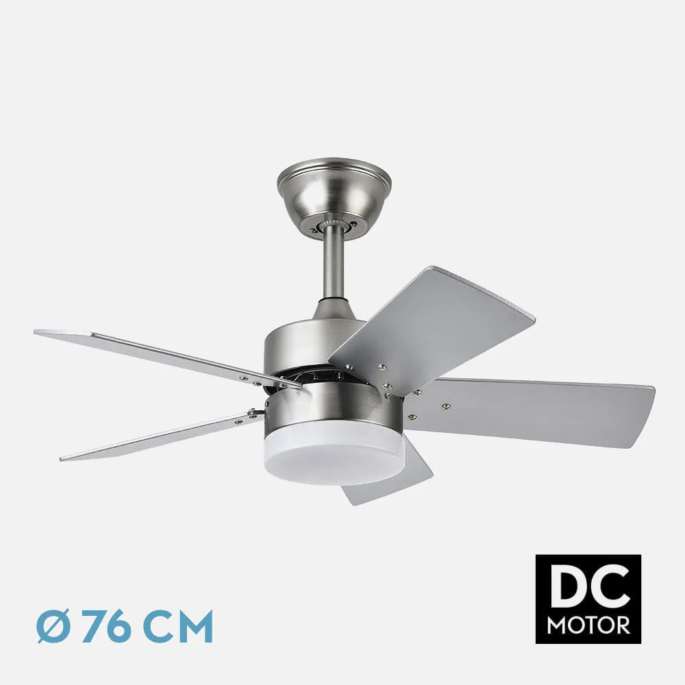 Ventilador de techo Dc Marta 36w Níquel 5 Aspas Reversibles Haya/plata 41x76 diámetro 3060lm Control Remoto, Memoria Y Temporizador 3000k,4000k,6000k