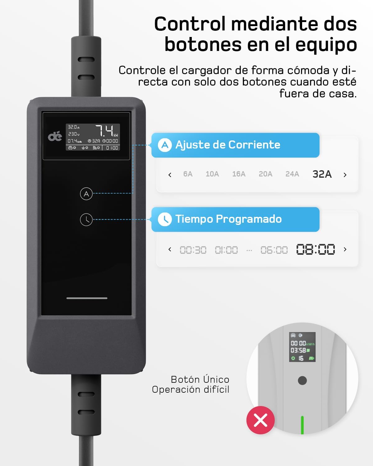 dé Cargador Coche Electrico 7,4 kW App [6m, Monofásico, 6A-32A] Tipo 2 CEE