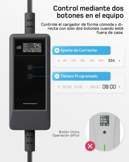dé Cargador Coche Electrico 7,4 kW App [6m, Monofásico, 6A-32A] Tipo 2 CEE