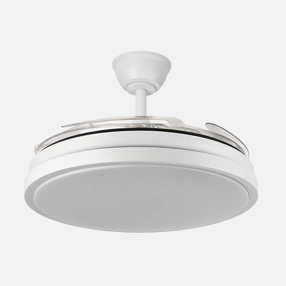 Ventilador retráctil DC Escorpion 59w Blanco 4 aspas desplegables 107d Regulación de intensidad 6980lm 3000-4000-6000k Remoto+ Temporizador+ Memoria