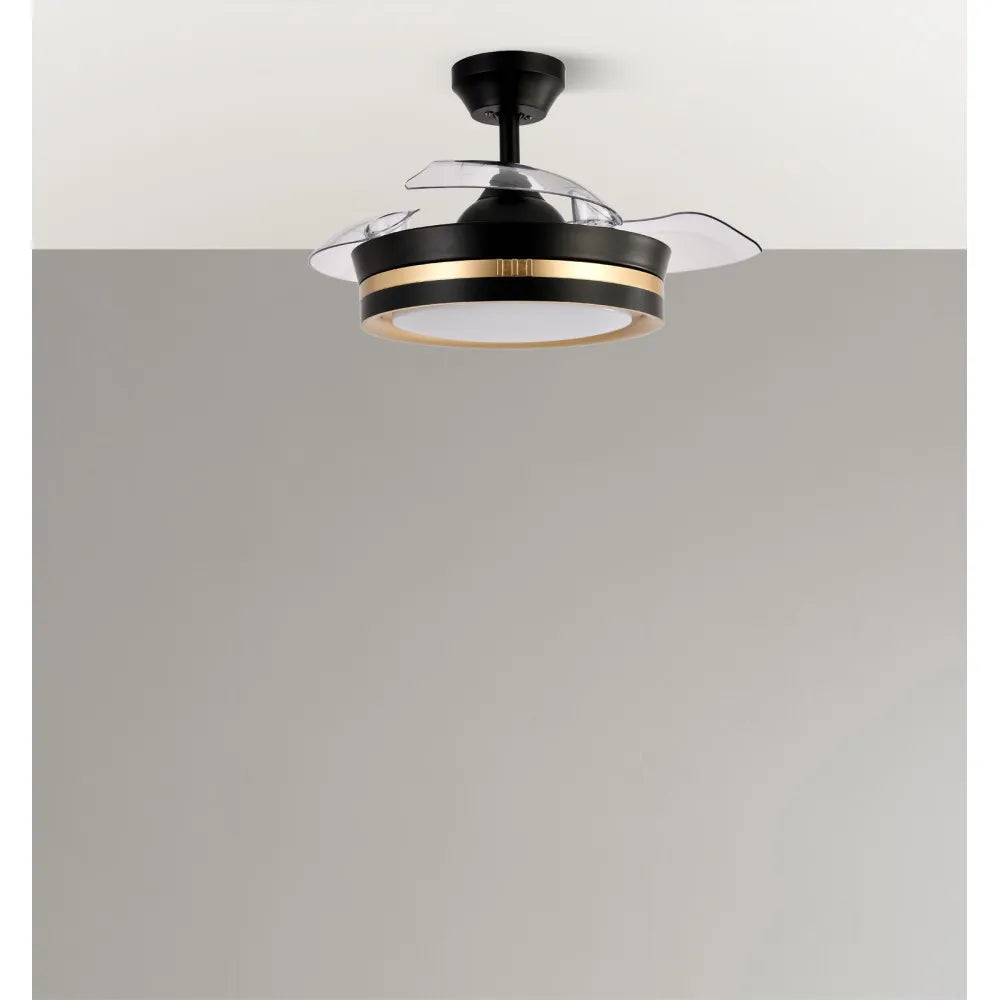 Ventilador de techo retráctil DC Viper Negro/oro 48w 3 aspas 91d 4800lm 6 velocidades 3000k,4500k,6000k, Control Remot0 + temporizador + memoria