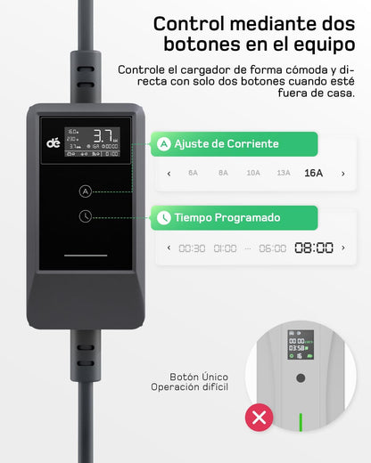 dé Cargador Coche Electrico App 3,7kW 7m, 6-16A Ajustable, Monofásico