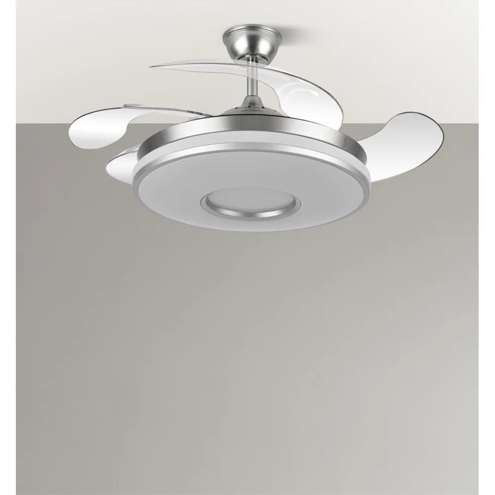 Ventilador de techo retráctil Dani 59w 6980lm Níquel 4 Aspas Desplegables 6 Velocidades 106d 3000-4200-6500k Remoto, Regulación de Intensidad, Memoria Y Temporizador