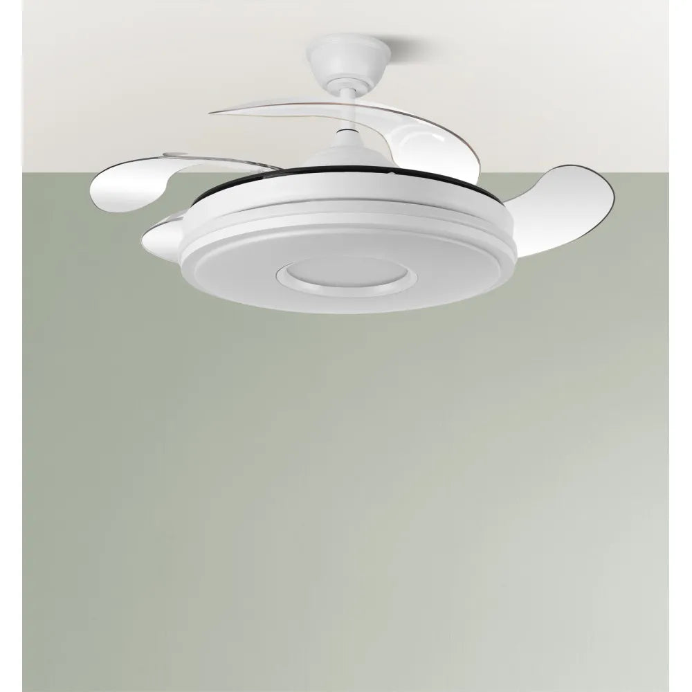 Ventilador de techo retráctil DC Dani 59w 6980lm Blanco 4 aspas 6 velocidades 106d 3000-4200-6500k Remoto+Regulación de Intensidad+memoria+temporizador 24
