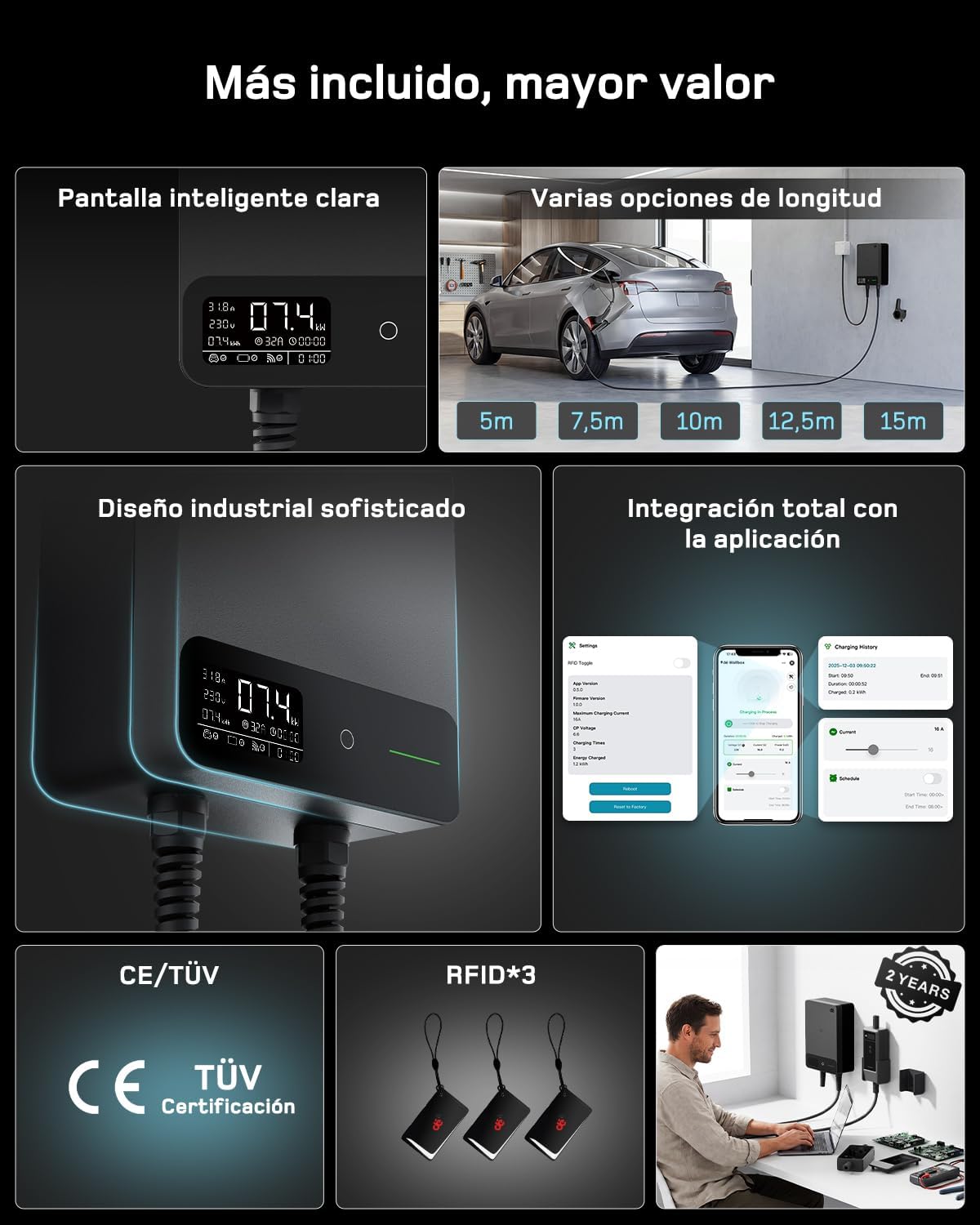dé Wallbox cargador de vehículo eléctrico 7,4 kW Monofásico con App, Cable Tipo 2 de 7,5 m