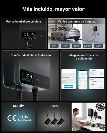 dé Wallbox cargador de vehículo eléctrico 7,4 kW Monofásico con App, Cable Tipo 2 de 7,5 m