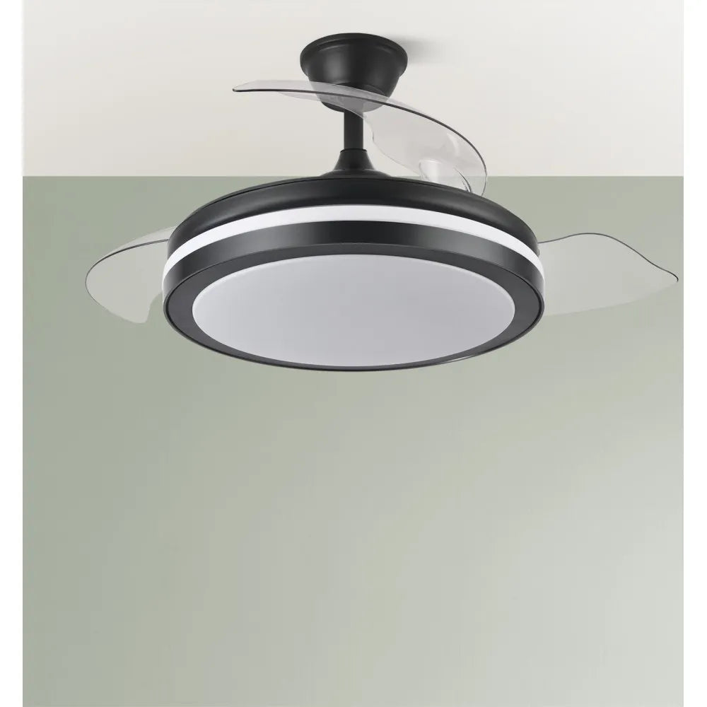 Ventilador de techo retráctil DC Esparta Plus 59w 6980lm Negro 107d 3aspas 3000-4000-6000k Control Remoto+ Temporizador+ Memoria