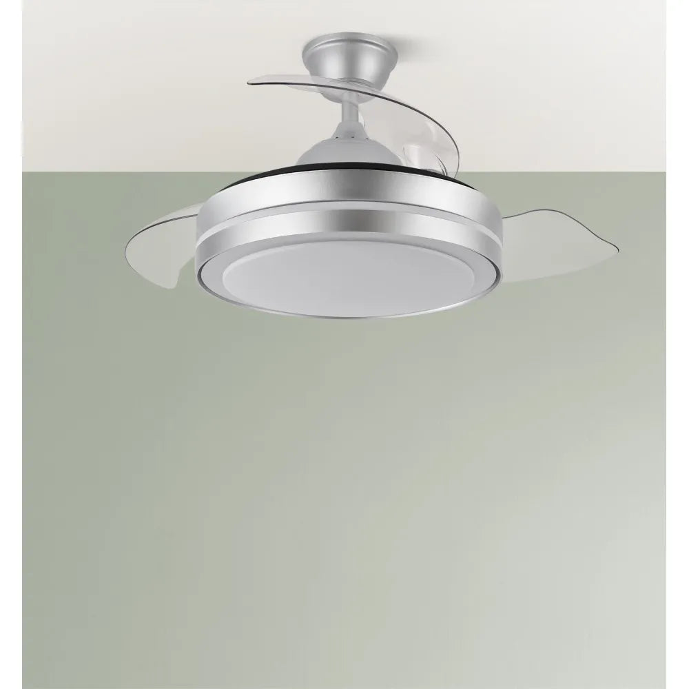 Ventilador de techo retráctil DC Esparta Pequeño 44w 5182lm Plata 72d 3 aspas 3000-4000-6000k Remoto+temporizador+memoria